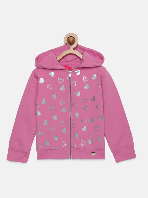 

Tiny Girl Pink & Silver-Toned Printed Hooded Front-Open Sweater