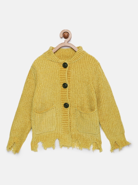 

Tiny Girl Mustard Yellow Self Design Front-Open Sweater