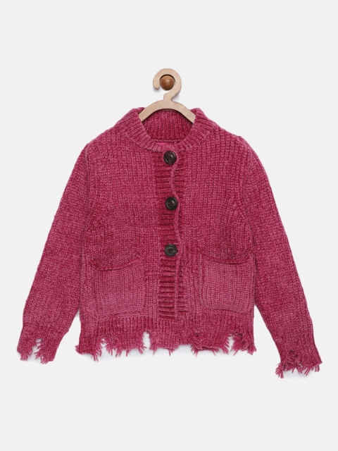 

Tiny Girl Fuchsia Pink Self Design Front-Open Sweater
