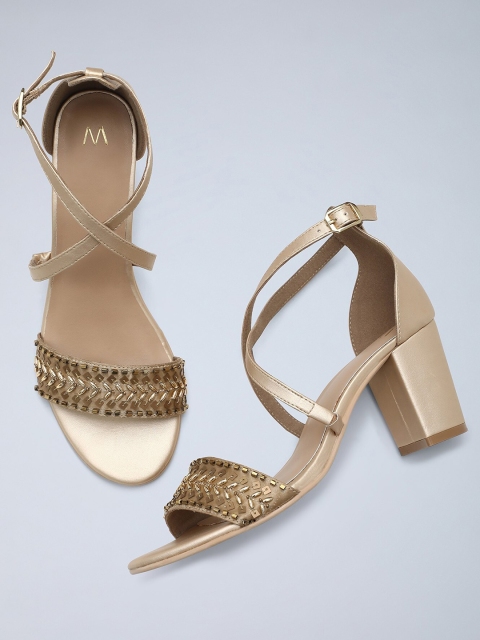 

W Women Muted Gold-Coloured Embellished Block Heels