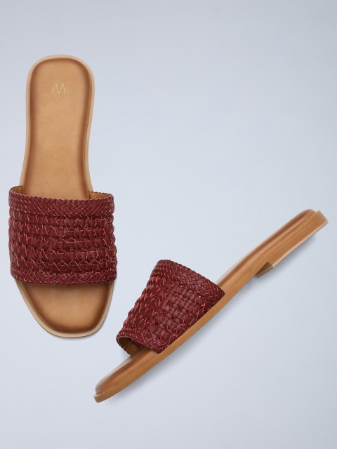 

W Women Maroon Woven Design Leather Open Toe Flats