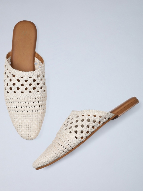 

W Women White Woven Design Leather Mules