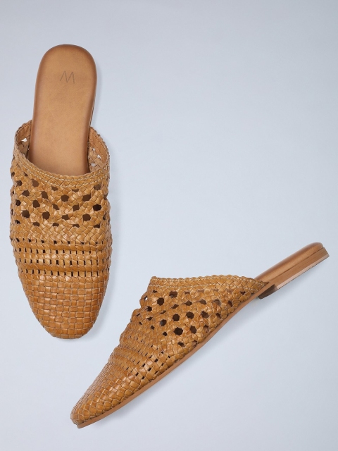 

W Women Mustard Woven Design Leather Mules