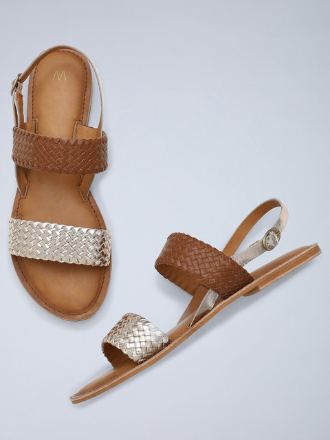 

W Women Gold-Toned Textured Leather Open Toe Flats
