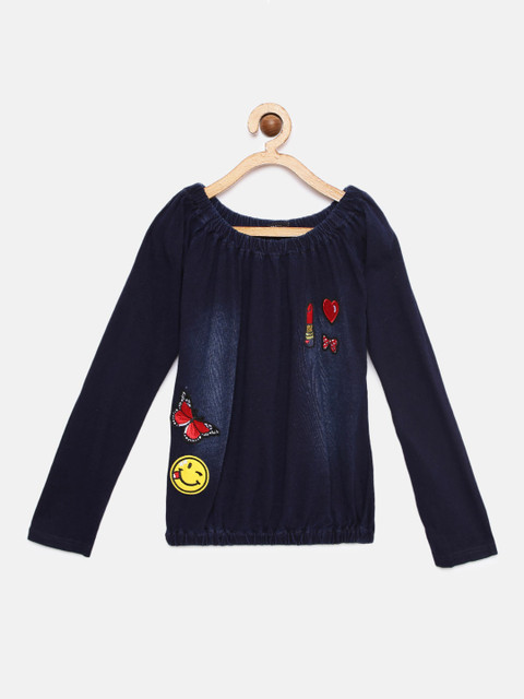 

Tiny Girl Navy Blue Embroidered Top With Applique