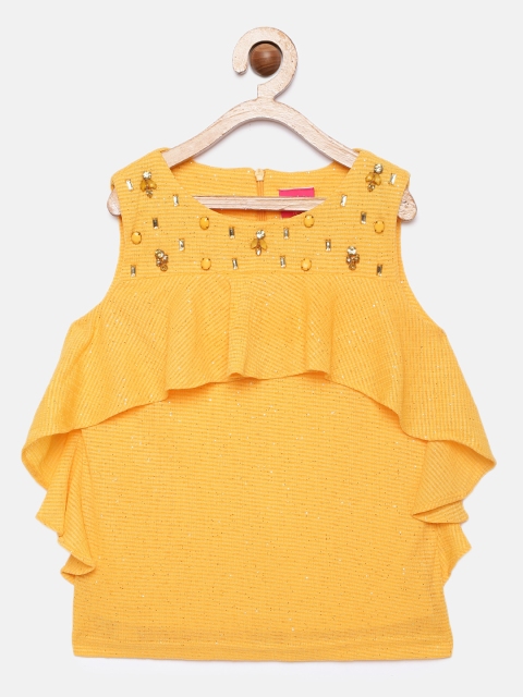 

Tiny Girl Mustard Yellow Embellished Self Design Top