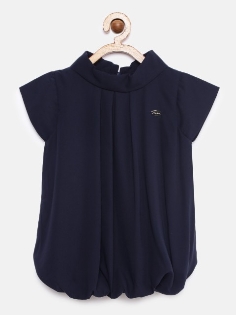 

Tiny Girl Navy Blue Solid Blouson Top with Balloon Hem