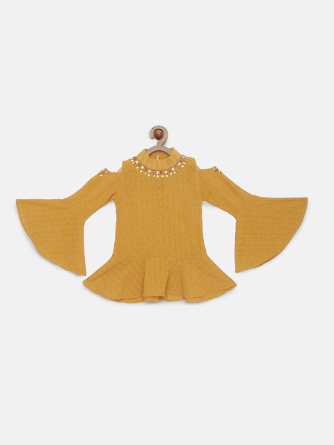 

Tiny Girl Mustard Yellow Self Design Peplum Top