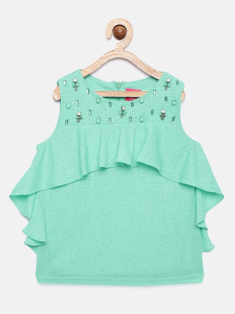 

Tiny Girl Green Self Design Embellished Top