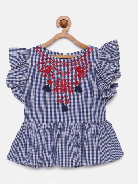 

Tiny Girl Blue Checked Embroidered Peplum Top