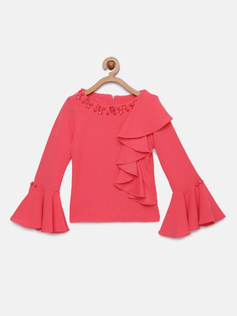 

Tiny Girl Peach-Coloured Solid Ruffle Top