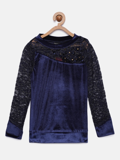 

Tiny Girl Navy Blue Self Design Velvet Top
