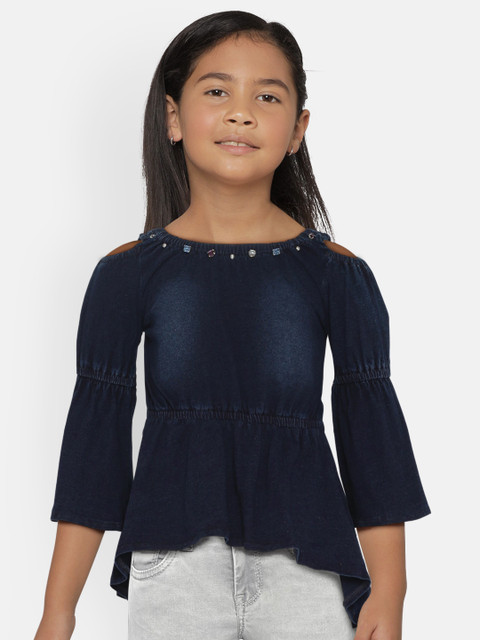 

Tiny Girl Navy Blue Self Design Peplum Longline Denim Top