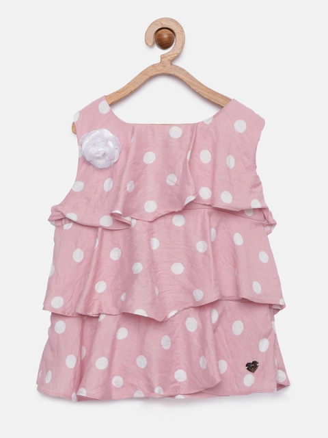 

Tiny Girl Girls Pink & White Polka Dots Printed Tiered Top