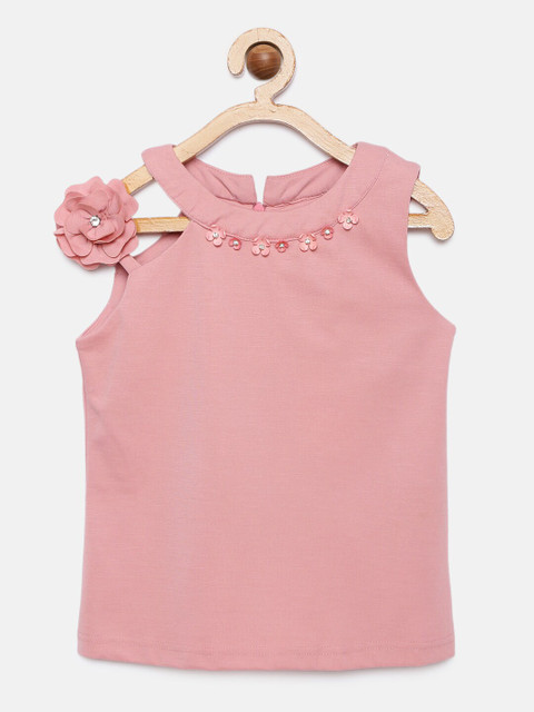 

Tiny Girl Pink Solid Floral Detail Top