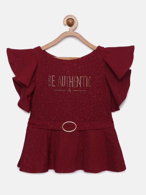 

Tiny Girl Maroon Self Design Peplum Top