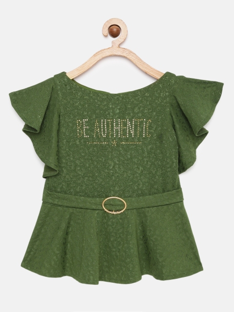 

Tiny Girl Olive Green Self Design Peplum Top