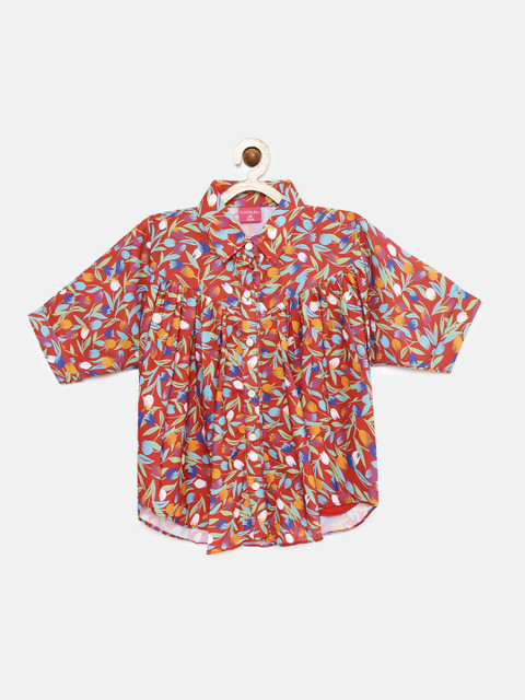 

Tiny Girl Red & Blue Floral Printed Shirt Style Top