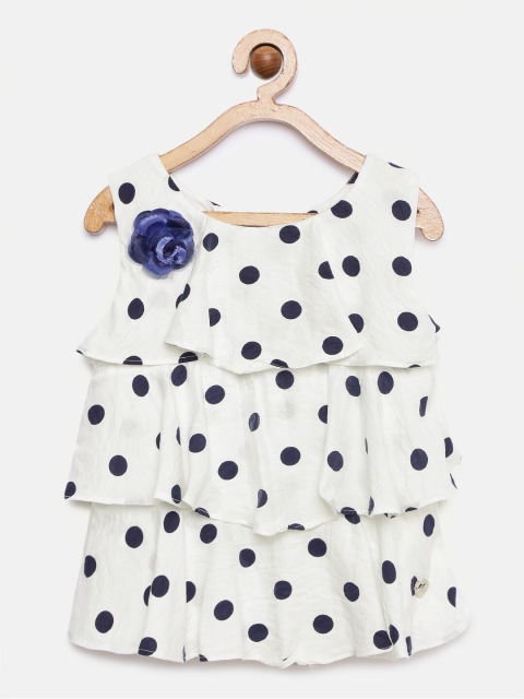 

Tiny Girl Girls White & Blue Polka Dots Printed Tiered Top