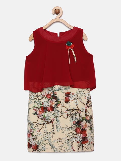 

Tiny Girl Red & Beige Printed Sheath Layered Dress