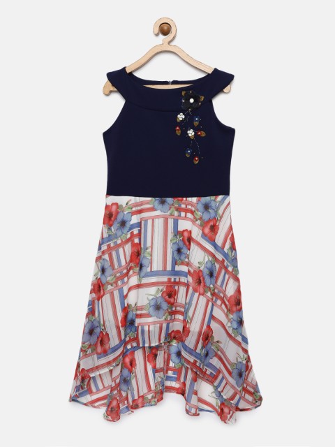 

Tiny Girl Girls Navy Blue & White Printed Fit and Flare Dress