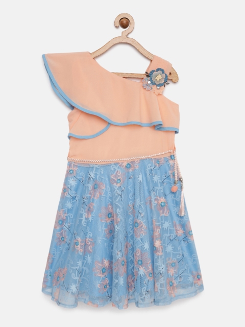 

Tiny Girl Peach-Coloured & Blue Floral Print Fit and Flare Dress
