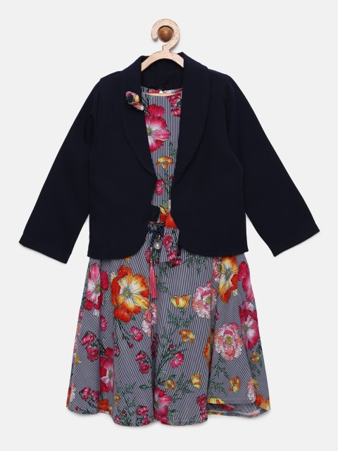 

Tiny Girl Navy Blue & Red Printed Fit and Flare Dress with Blazer