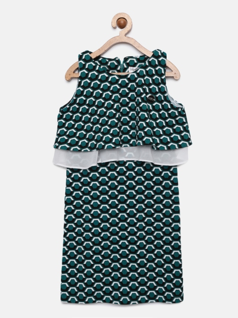 

Tiny Girl Green & Black Printed Sheath Layered Dress