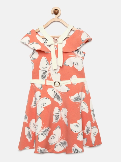 

Tiny Girl Girls Peach-Coloured Printed Fit and Flare Dress