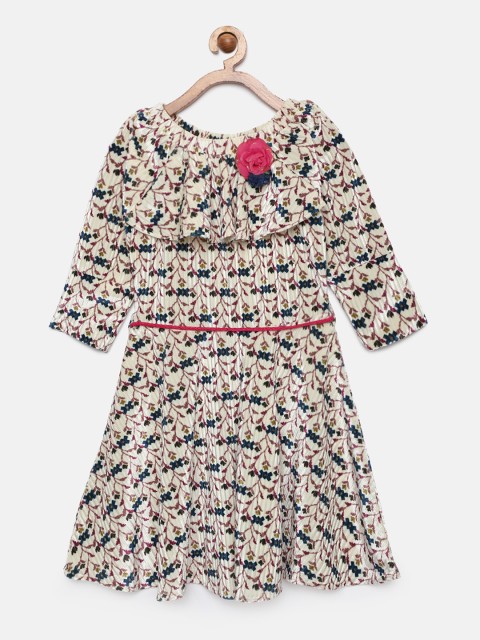 

Tiny Girl Cream-Coloured & Navy Blue Printed Fit and Flare Velvet Dress