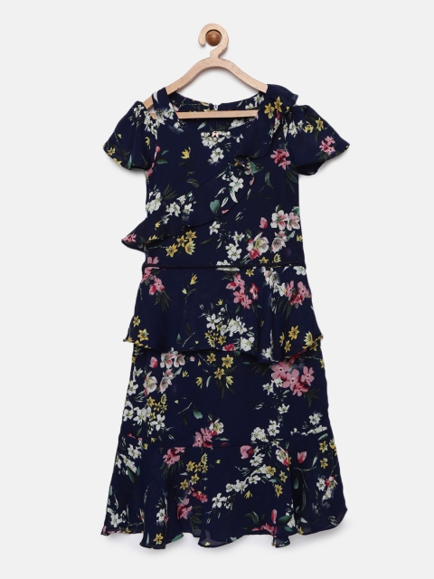 

Tiny Girl Navy Blue & White Printed Fit and Flare Dress