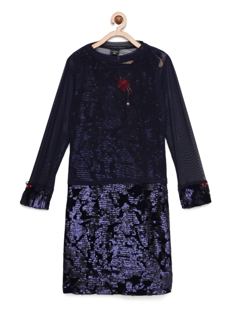 

Tiny Girl Navy Blue Self Design Sheath Dress