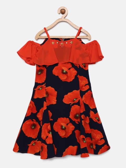 

Tiny Girl Navy Blue & Red Printed A-Line Dress