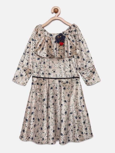 

Tiny Girl Beige & Navy Blue Printed Fit and Flare Velvet Dress