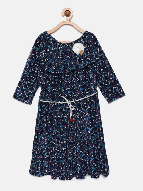 

Tiny Girl Navy Blue & White Printed Fit and Flare Velvet Dress