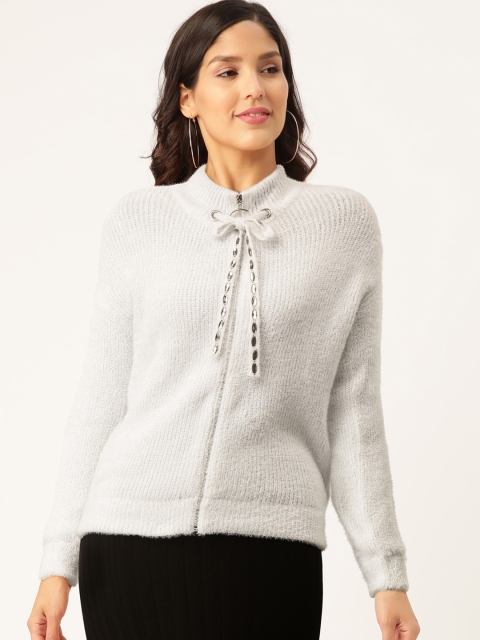 

Madame Women Off-White Solid Shimmer Fuzzy Cardigan