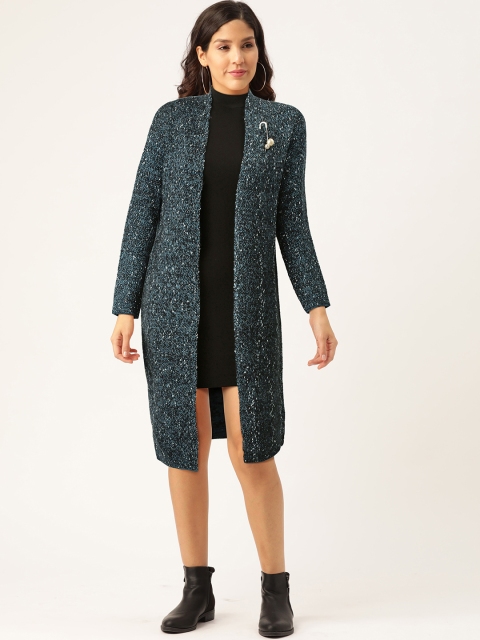 

Madame Women Teal Blue & Silver Self Design Front-Open Longline Sweater