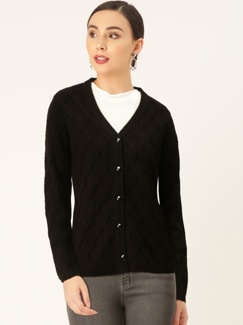

Madame Women Black Self Design Cardigan
