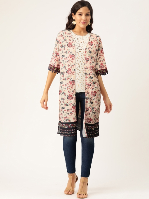 

Madame Women Beige & Red Floral Printed Open Front Shrug