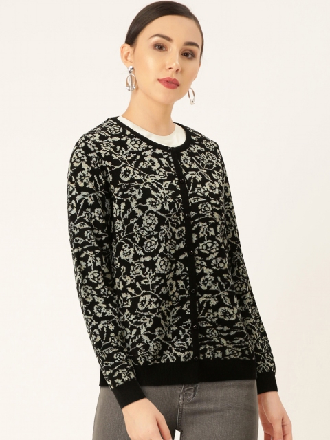 

Madame Women Black & Grey Self-Design Cardigan