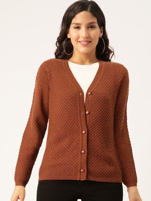 

Madame Women Rust Brown Self Design Cardigan