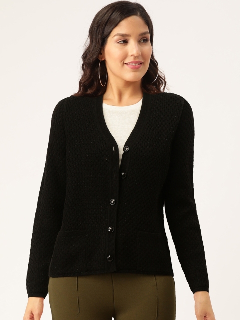 

Madame Women Black Shimmer Self Design Cardigan