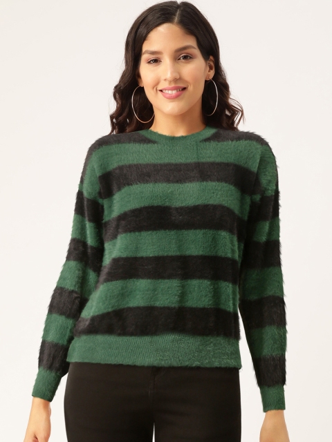 

Madame Women Green & Black Fuzzy Striped Pullover
