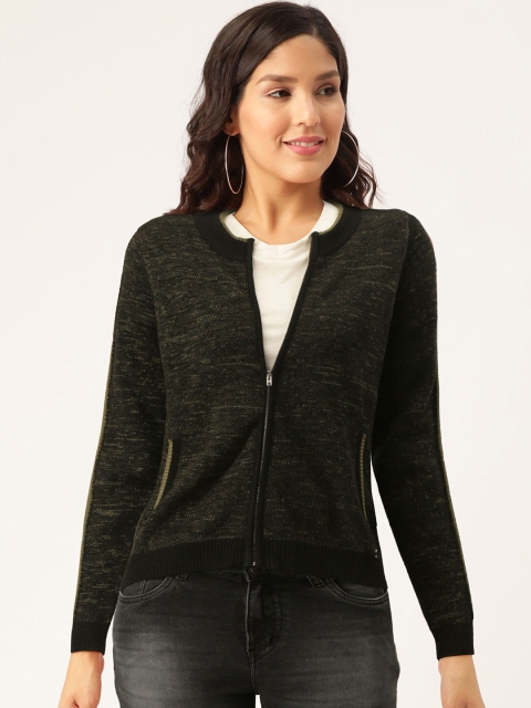 

Madame Women Black & Green Self Design Cardigan