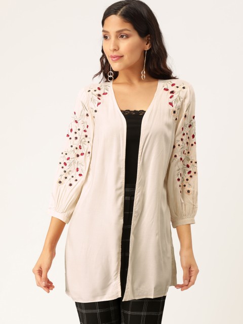 

Madame Women Off-White Floral Embroidered Open Front Shrug