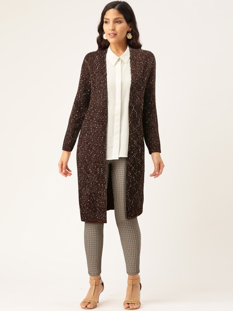 

Madame Women Brown & Silver Self Design Longline Front-Open Sweater