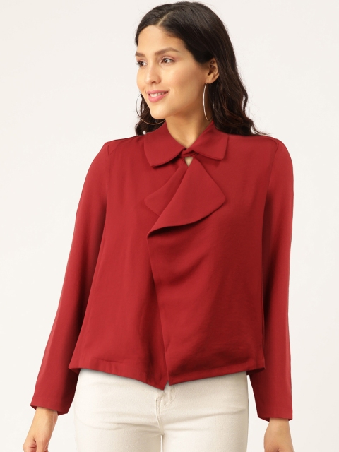 

Madame Women Red Solid Pleated Detail Lapel Shrug