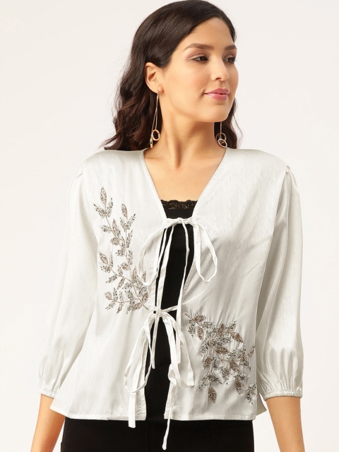 

Madame Women White Satin Finish Floral Embellished Tie-Up Shrug