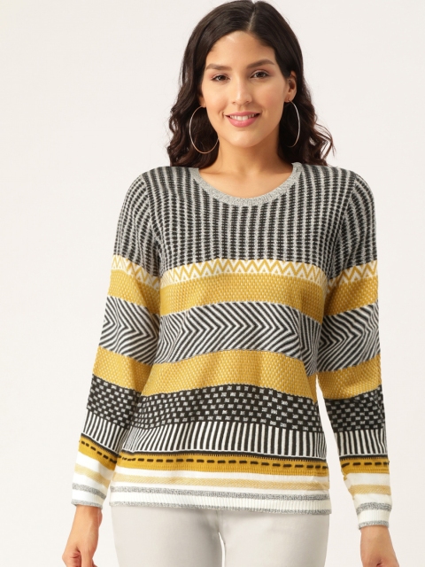 

Madame Women Black & Mustard Yellow Self Design Pullover