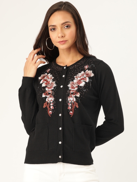 

Madame Women Black & Brown Floral Embroidered Cardigan